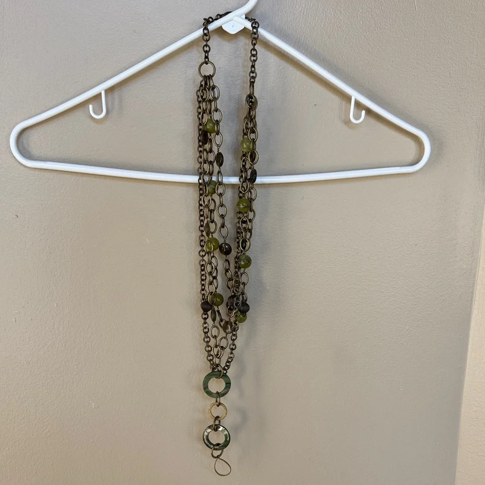 Long Layered Green Bead and Chain Necklace